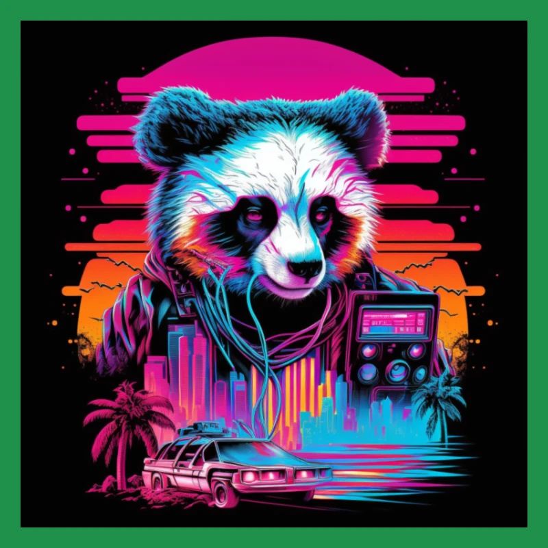 Panda aux couleurs néon, synthwave / 80s