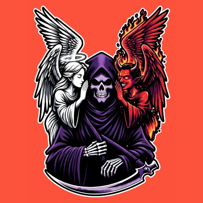 Sensenmann mit Engel und Dämon