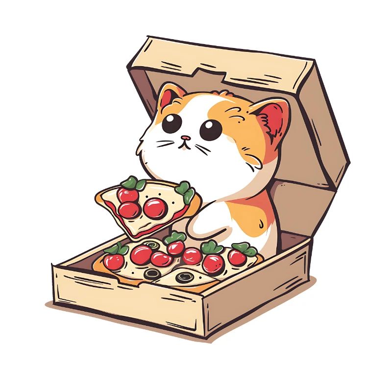 Cat Inside a Pizza Box Holding a Pizza Slice
