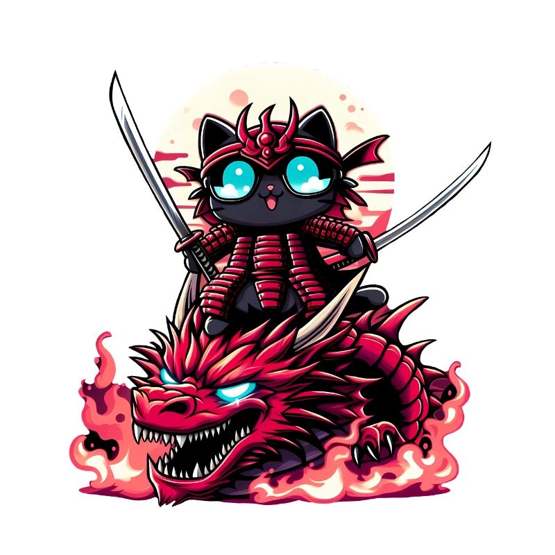 Chat samouraï avec épée sur dragon dans une bataille épique 3D