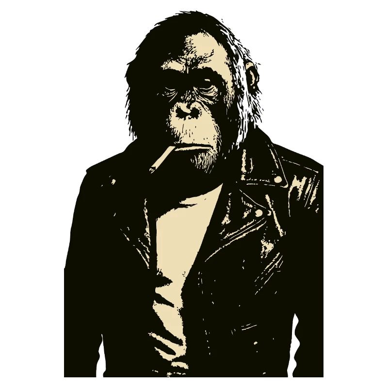 Orang-Utan raucht eine Zigarette in einer Lederjacke