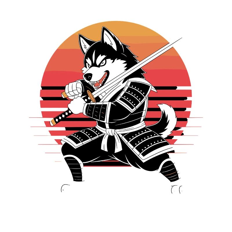  Husky Samurai Krieger Mit Katana Vor Retro