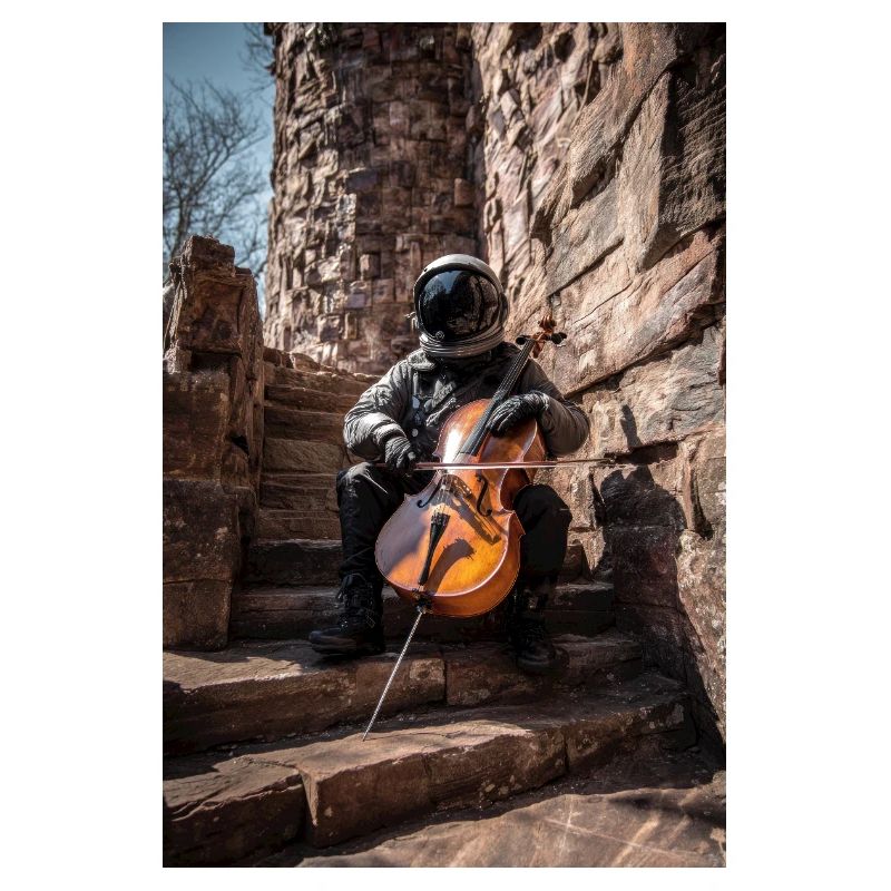 Astronaut Playing Cello on Stone Steps