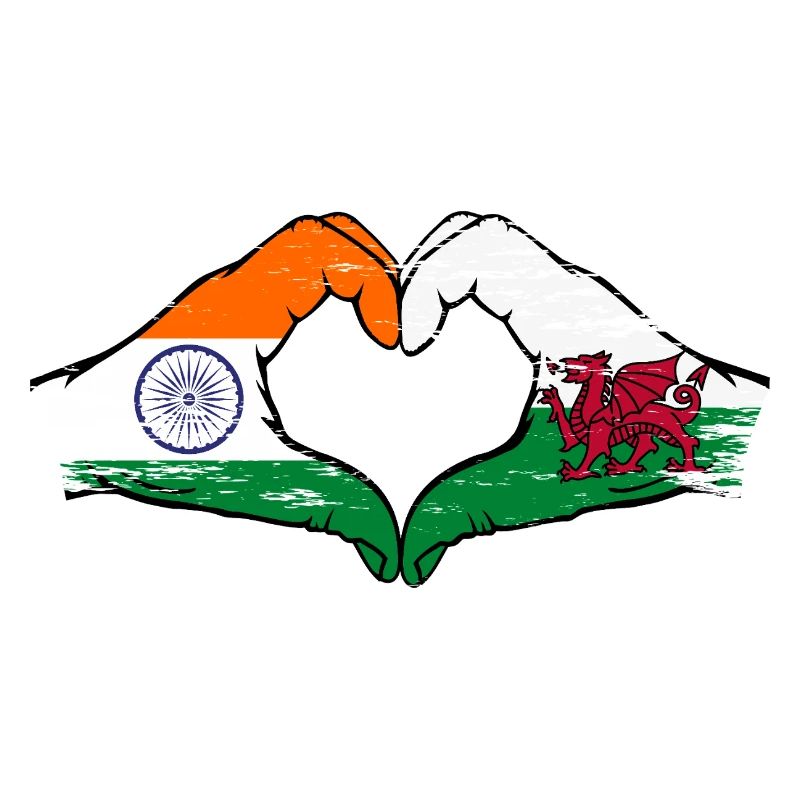 Drapeau de l’Inde Pays de Galles mains forme de coeur utilisé