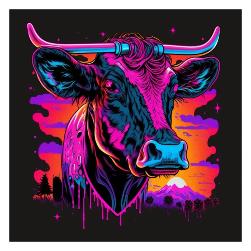 Kuh mit Neonfarben, Synthwave / 80er Jahre