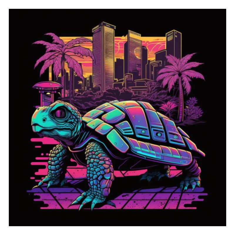 Turtle with neon colors, synthwave / 80s