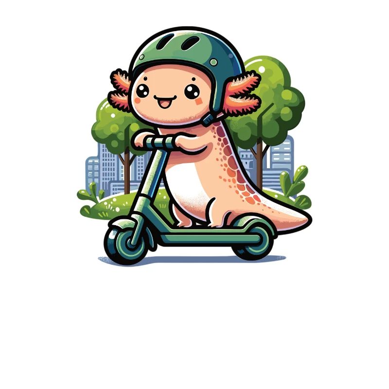 Axolotl fährt E-Roller durch die Stadt Roller