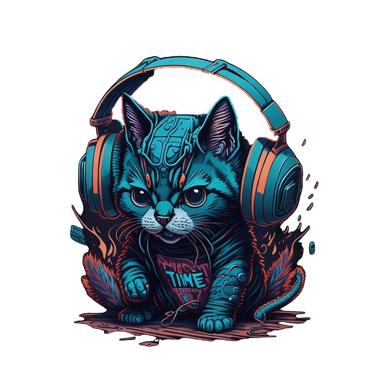 Groovy Beats: Bunte Katze mit Kopfhörern
