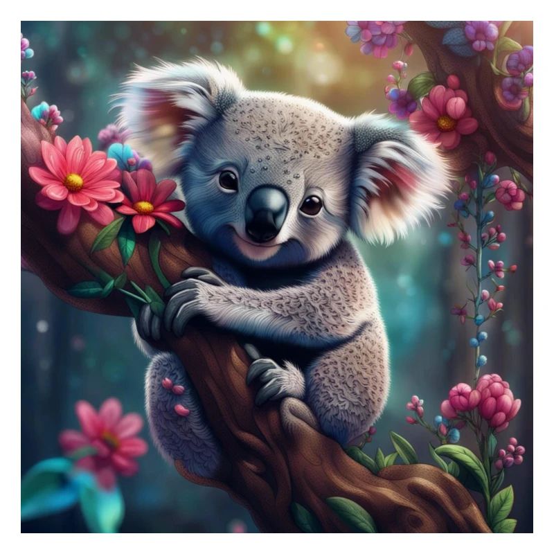 Koalabär im Baum mit Blumen