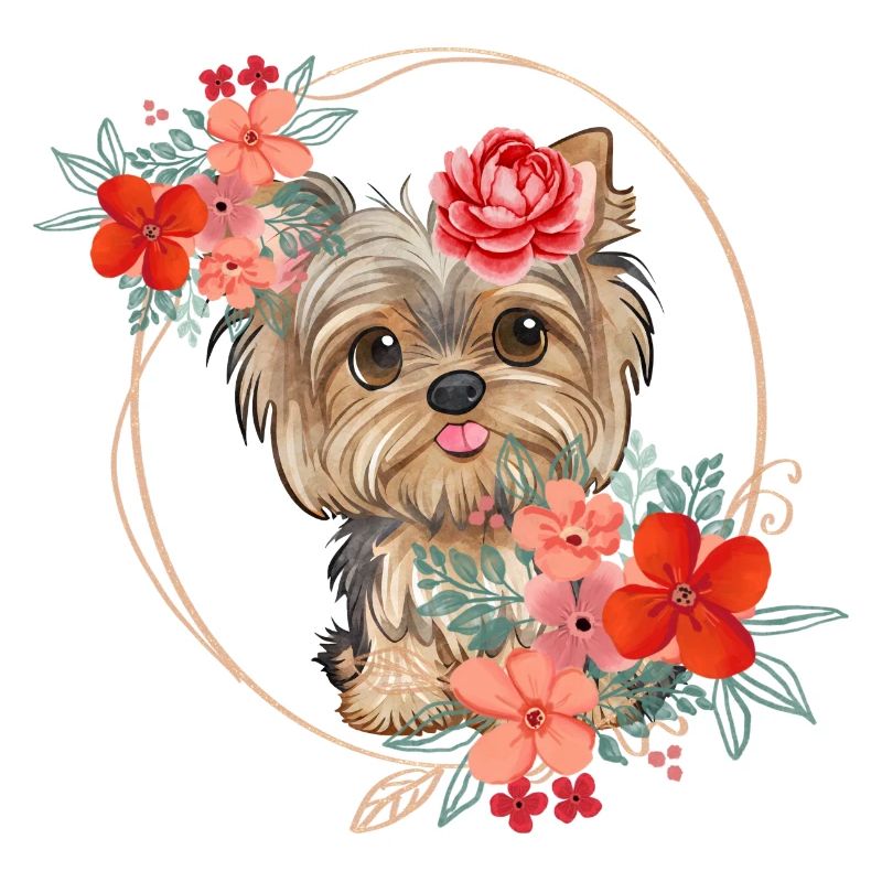 Design printanier - Yorkshire Terrier dans une couronne de fleurs