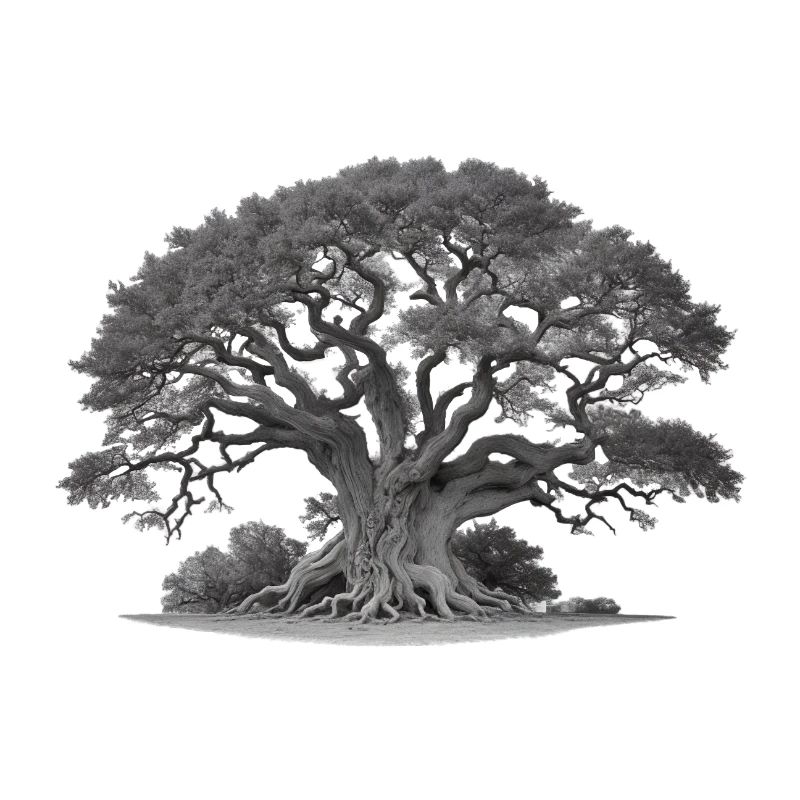 Old tree oak with roots and many branches
