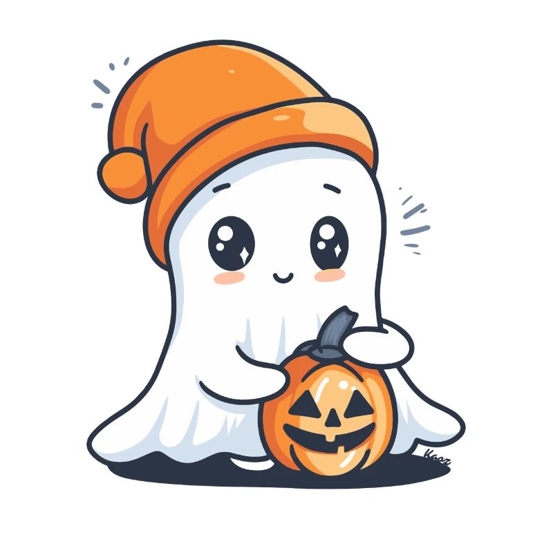 Cute ghost with hat and pumpkin in hand