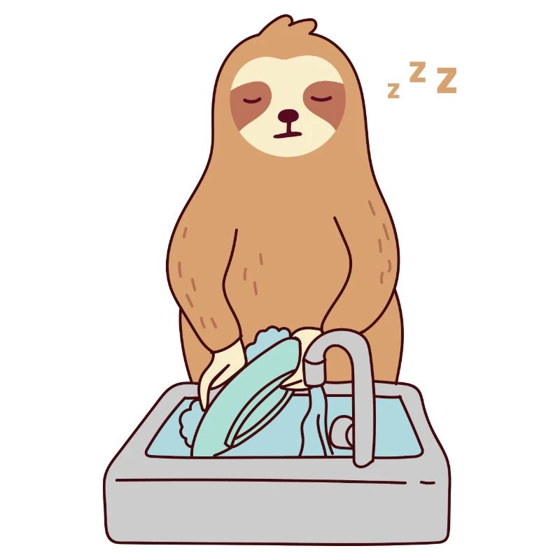 Cute Sloth Dishwashing Sleeping Tired Lazy