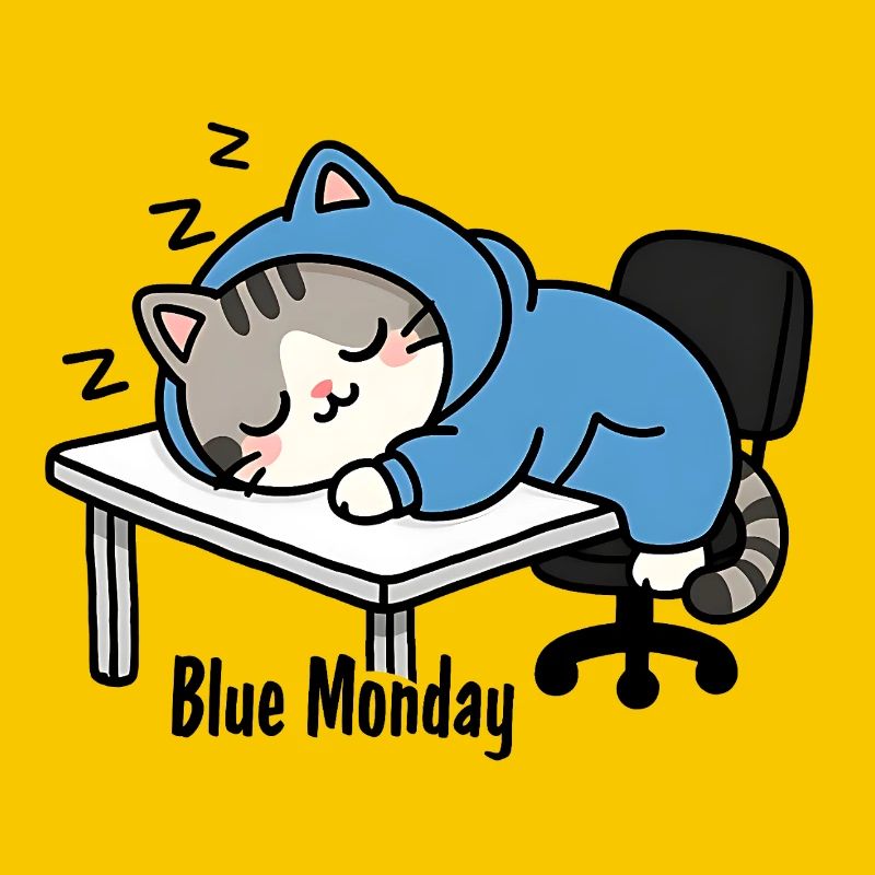 Sleeping cat at work, blue monday