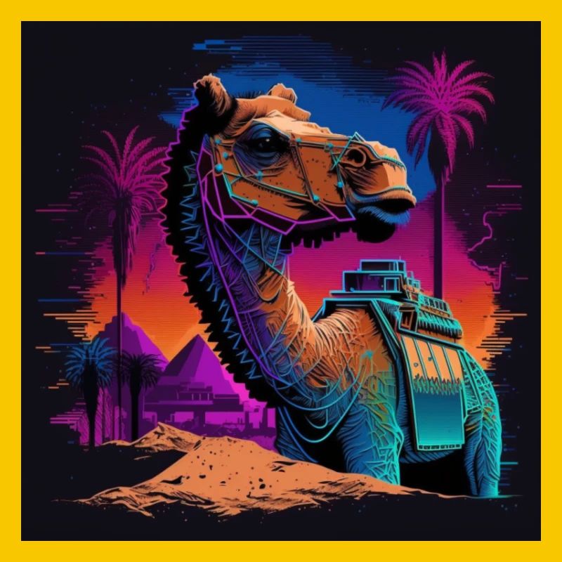 Camel with neon colors, synthwave / 80s