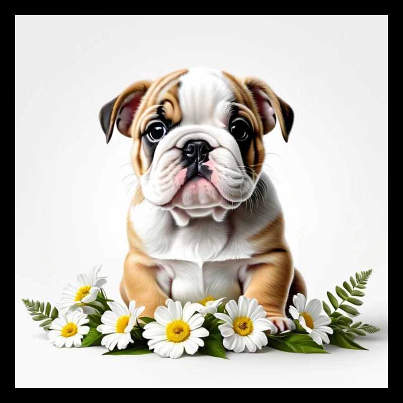 Chiot bouledogue mignon avec des fleurs
