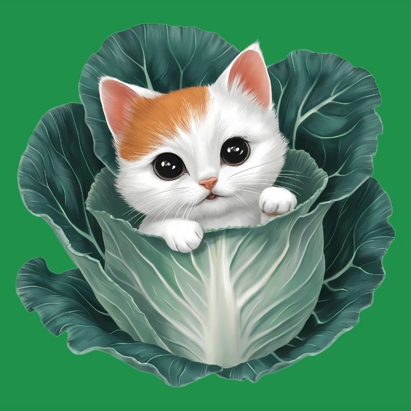 Kitten Peeking from Cabbage Leaf