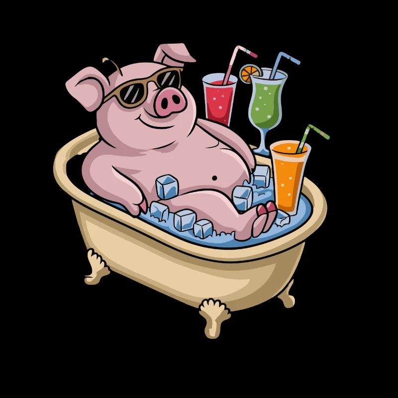 Cochon relaxant dans le bain avec cocktails