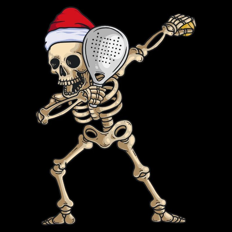 Squelette avec raquette de padel et chapeau de Noël