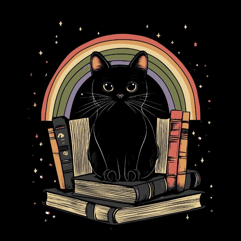 schwarze Katze sitzt auf Bücher