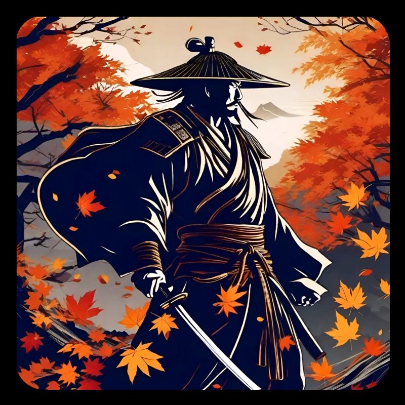 Stolzer Samurai Krieger mit Katana im Herbst