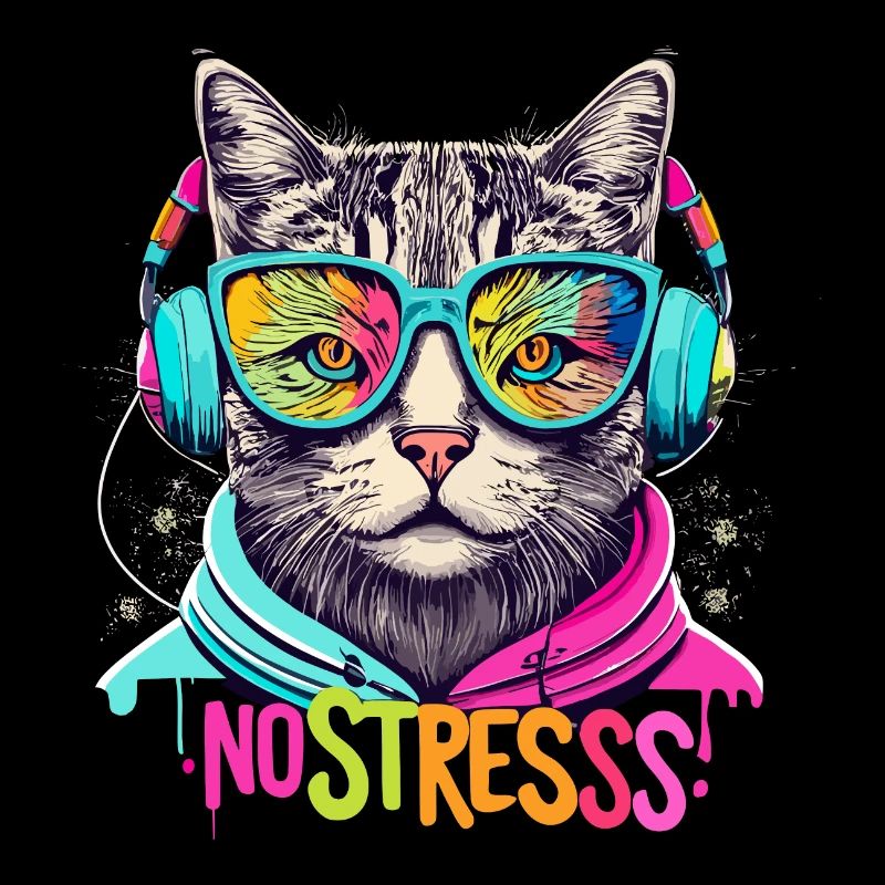 Katze mit Kopfhörer Lustiger Spruch NO STRESS