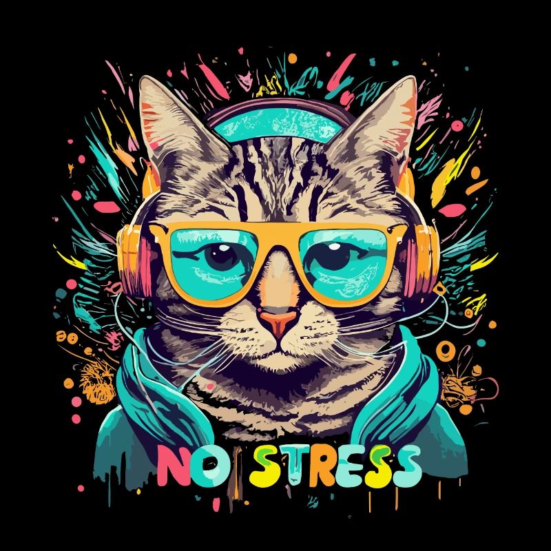 Katze mit Kopfhörer Lustiger Spruch NO STRESS