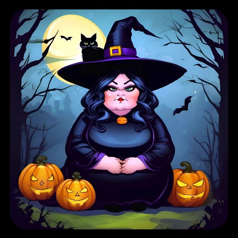 Fat witch with black cat and jack-o'-lanterns