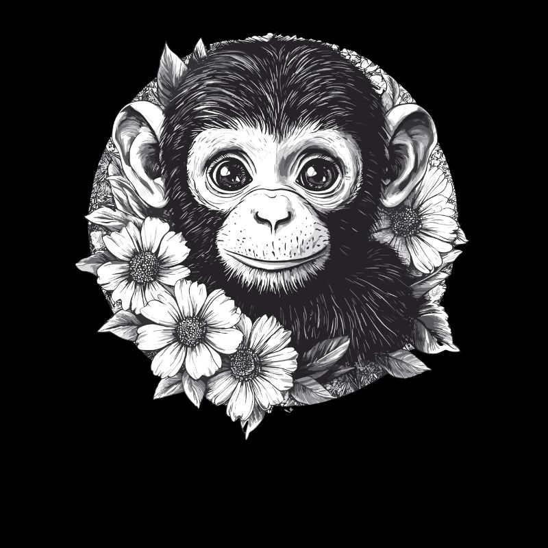 Singe noir et blanc avec des fleurs