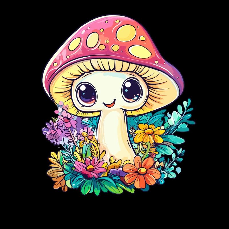 Happy toadstool in the flower field