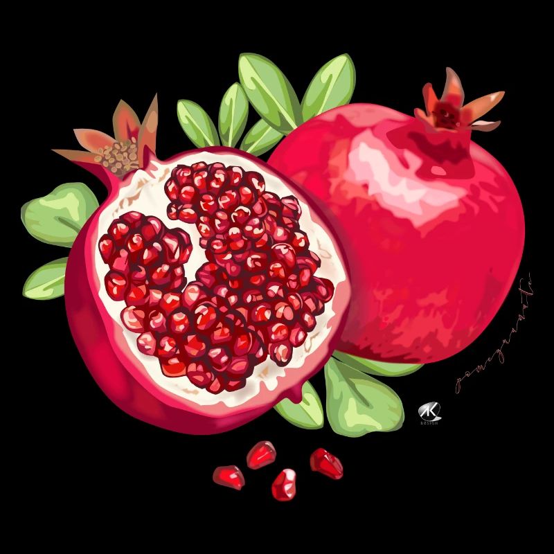 Pomegranate, Leaves & Pomegranate Seeds Illustration