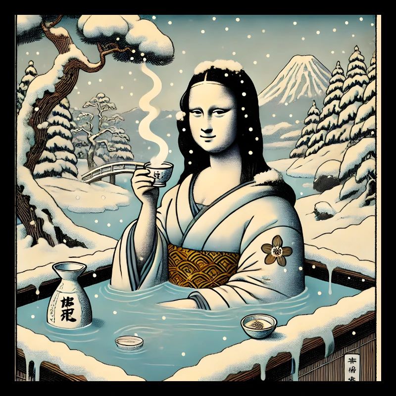 Mona Lisa buvant du saké dans un onsen