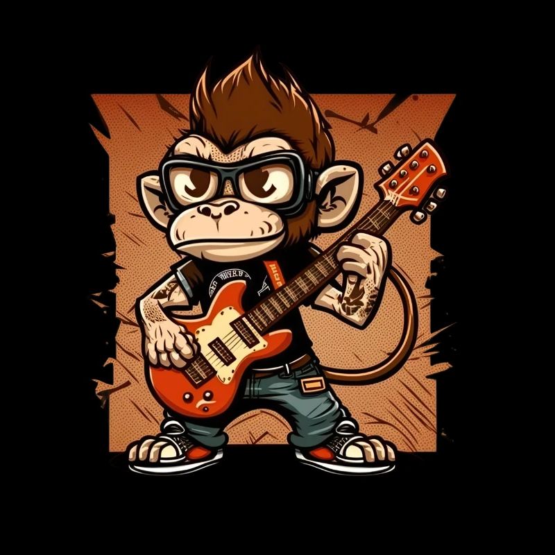Affe Schimpanse spielt Acousitc Rock Gitarre