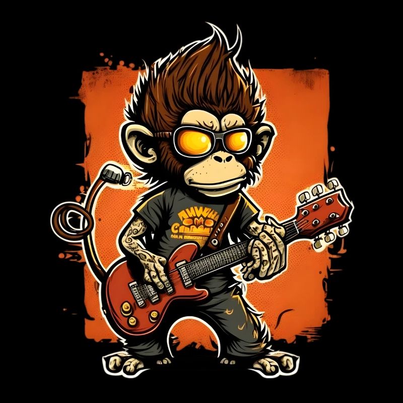 Affe Schimpanse spielt Acousitc Rock Gitarre