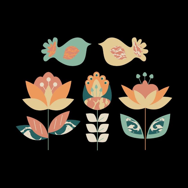 Illustration, Vogelpaar mit Blumen abstrakt