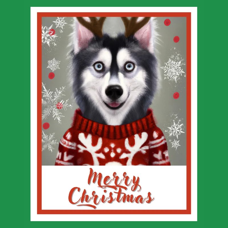 Chien husky dans un pull de renne de Noël.