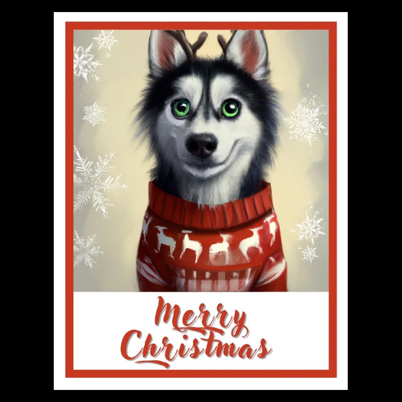 Junger Husky im Weihnachtspullover mit Rentieren.