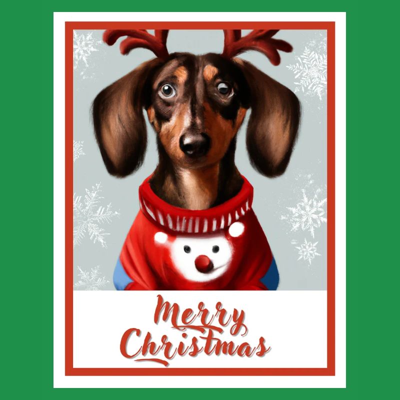 Portrait d’un teckel dans un pull de Noël rouge