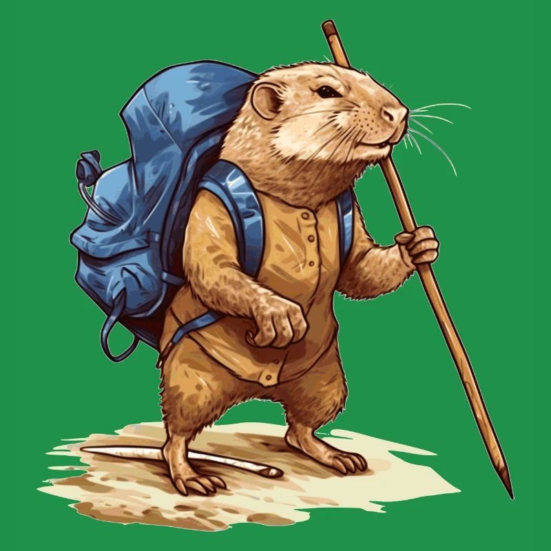 Mole rat with backpack and walking stick