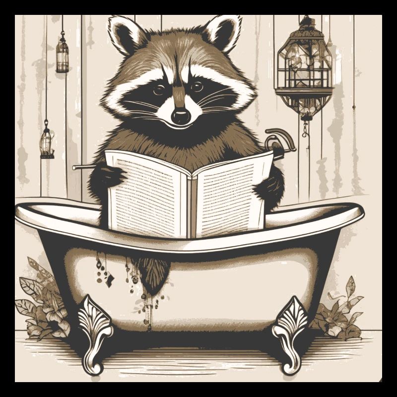 raton laveur, journal, salle de bain, lecture, affiche