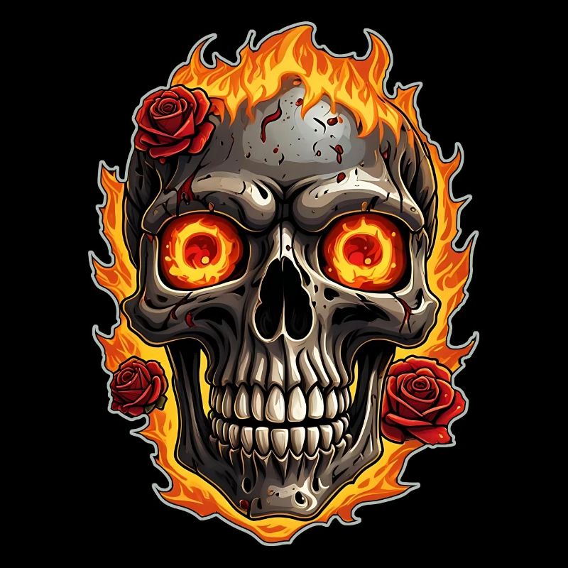 Crâne avec du feu et des roses rouges Crâne ardent