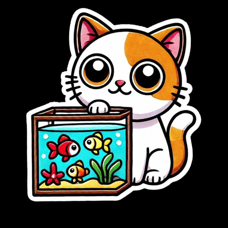Süße rotweiße Katze sitzt am Aquarium