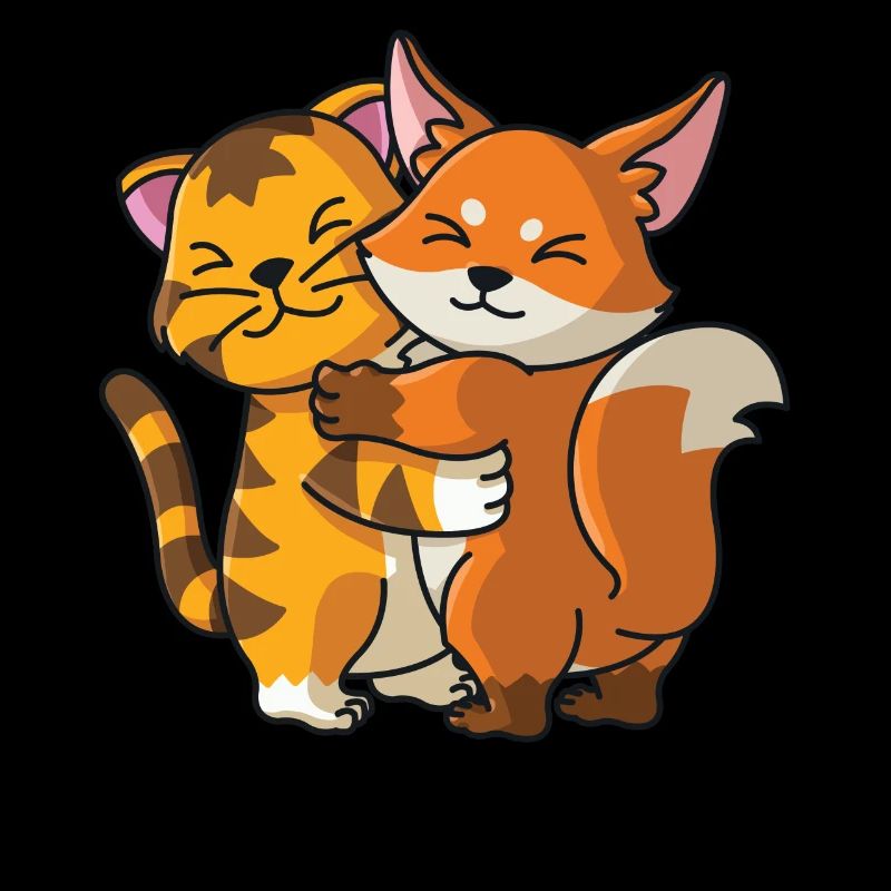 Tabby Cat and Fox Hug Cuddle Animals