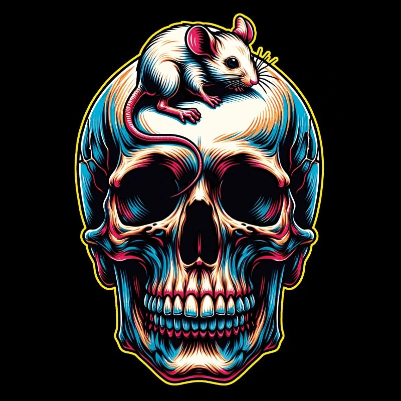 Colorful skull with cute little mouse on the forehead