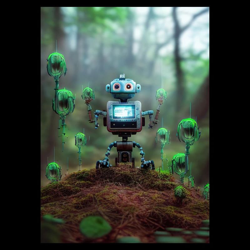 Petit robot bleu dans la forêt