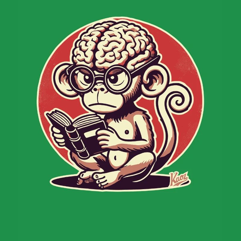Nerd monkey with big Geirn reading a book