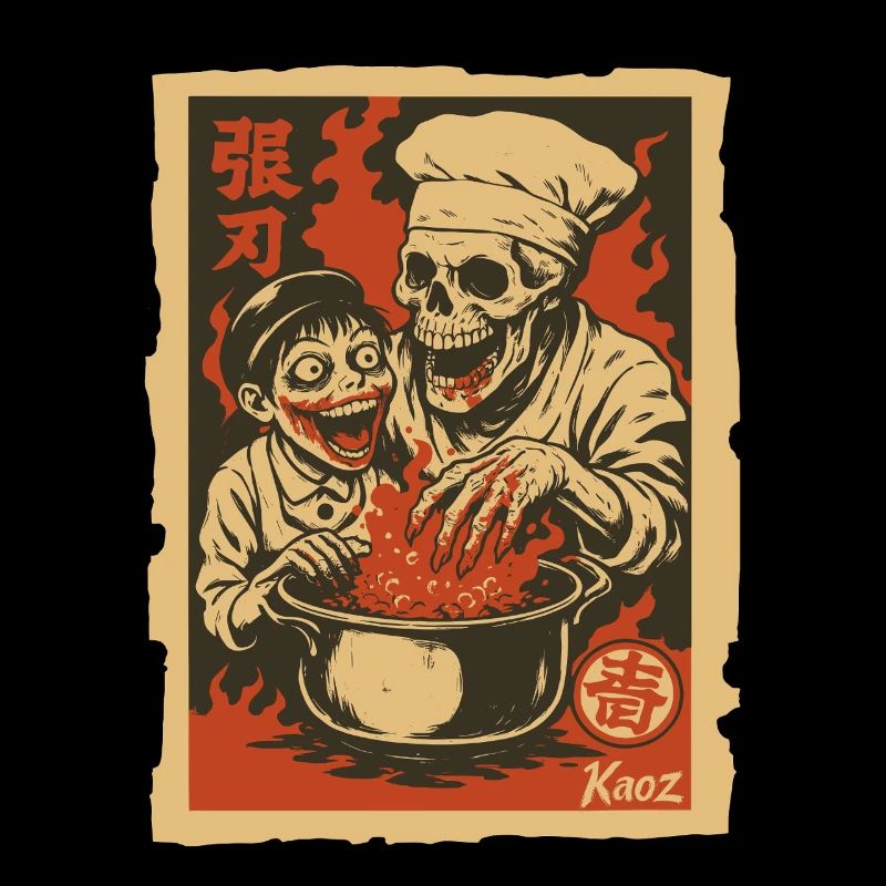 Skeleton chef with assistant and cooking pot