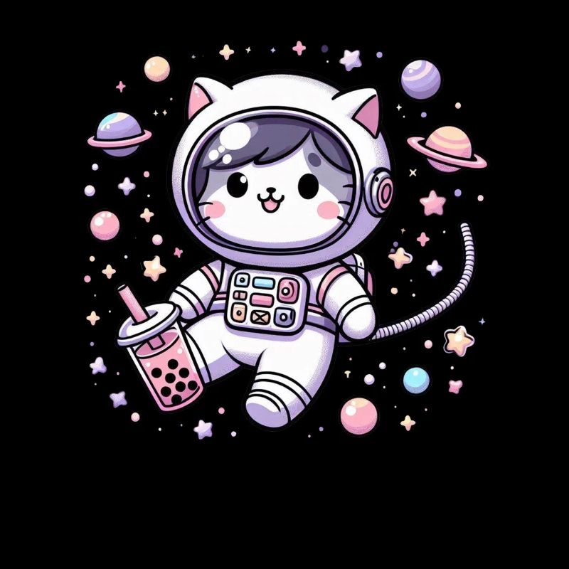 Kawaii Cat Astronaut Bubble Tea in Space