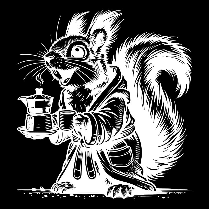 Squirrel with strong coffee in bathrobe