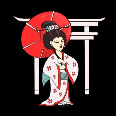 Geisha con ombrellone e tempio giapponese